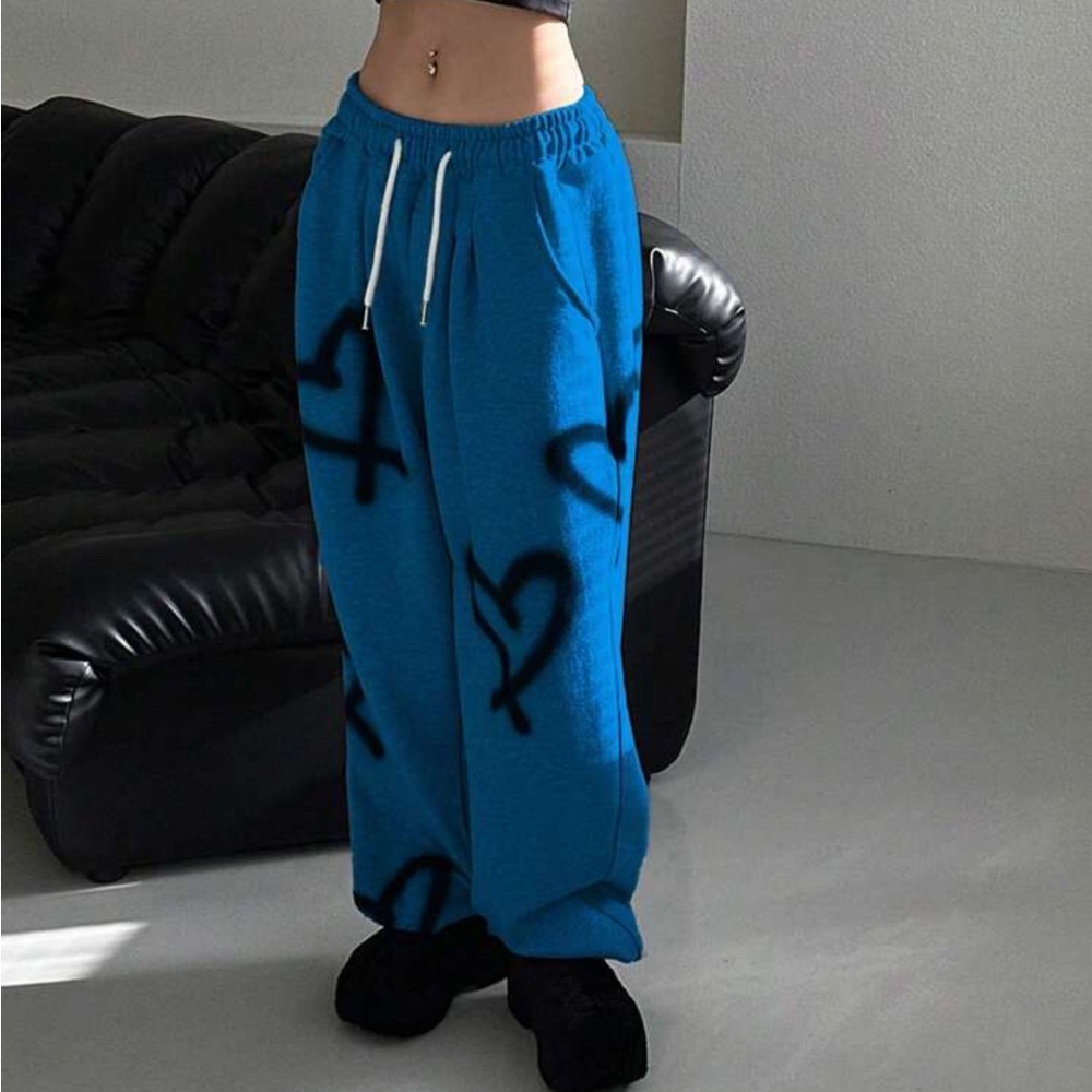 Blue Sweatpants heart print joggers with Black Heart Design pocket